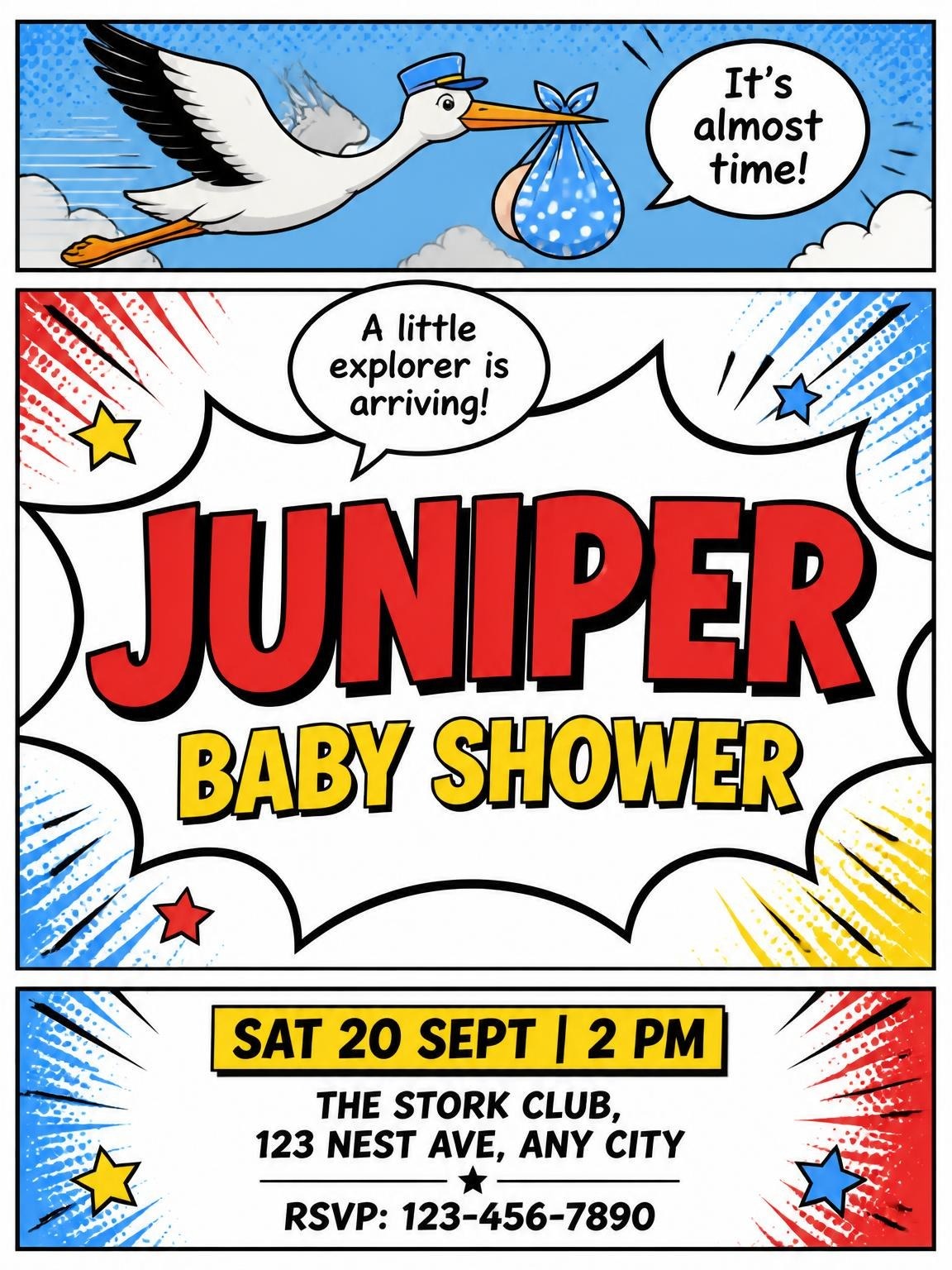 Red Yellow Pop Art Stork Baby Shower