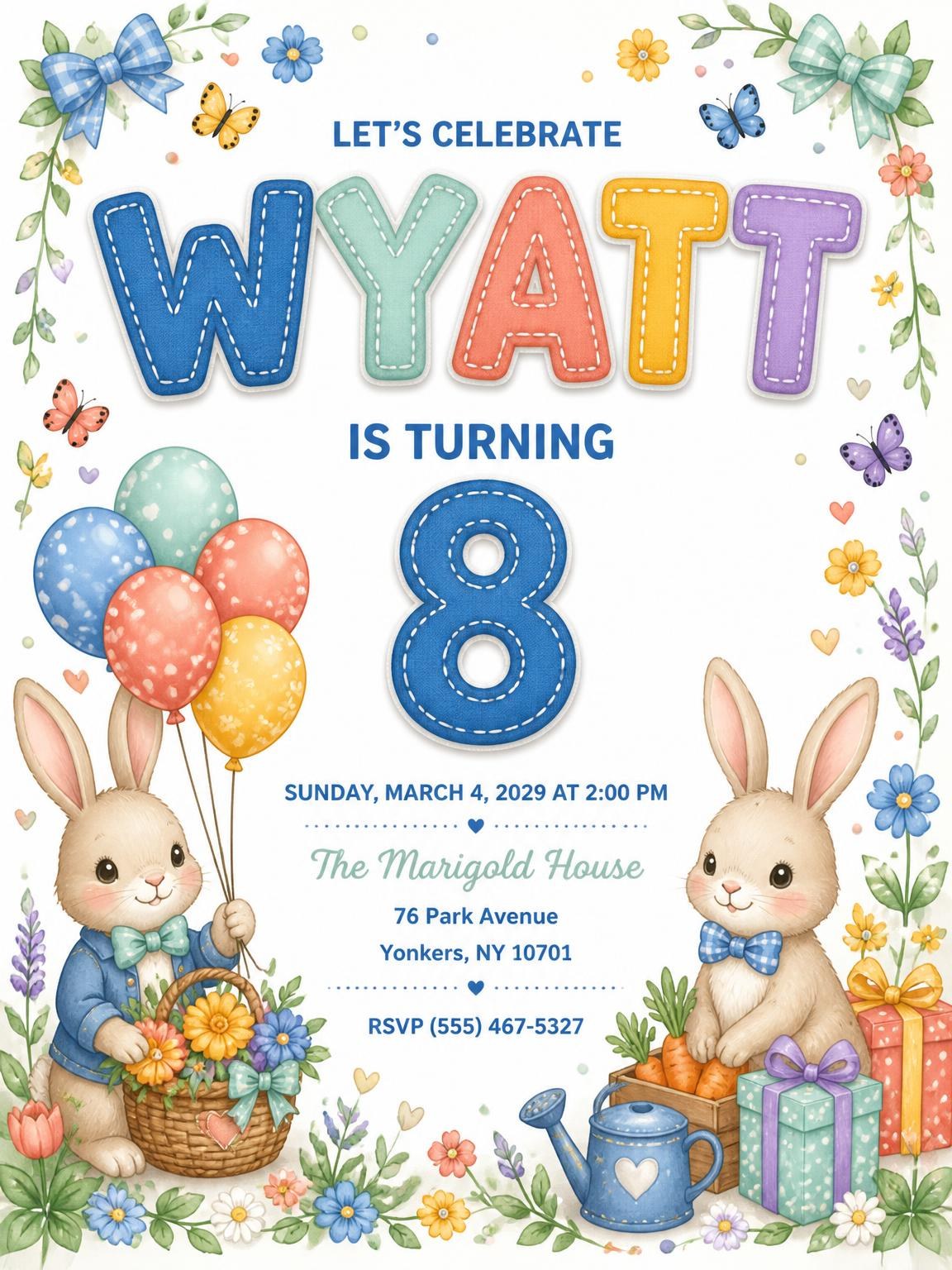 Stitched Bunny Garden 8th Birthday Invitation