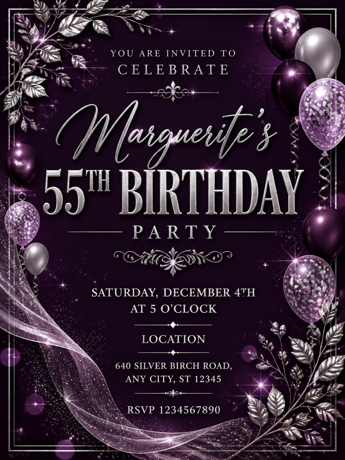 Plum and Silver 55th Birthday Invitation