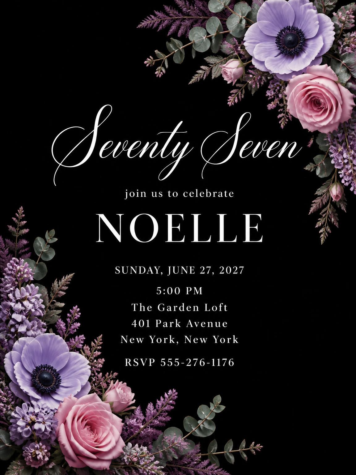Black Floral 77th Birthday Invitation