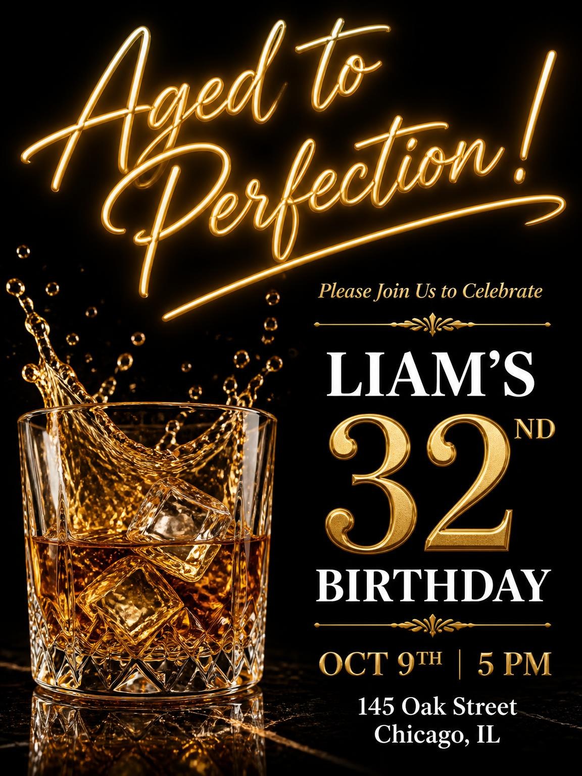 Whiskey Glass 32nd Birthday Invitation