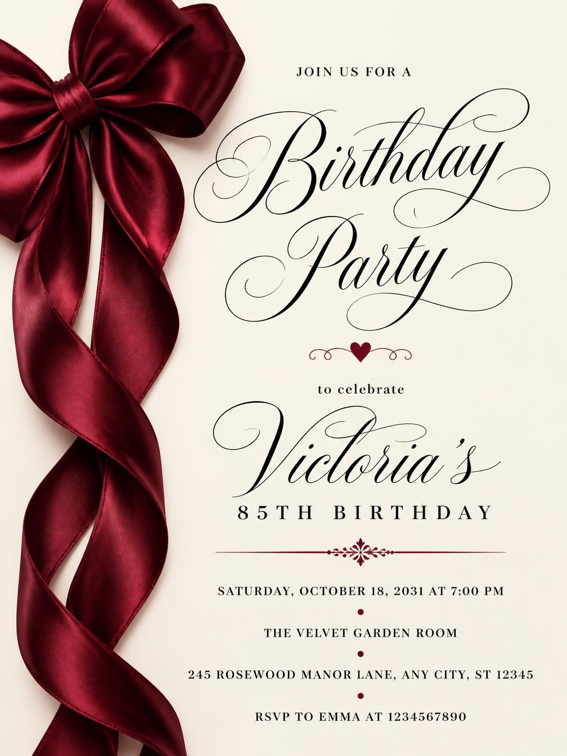 Burgundy Satin Bow 85th Birthday Invitation