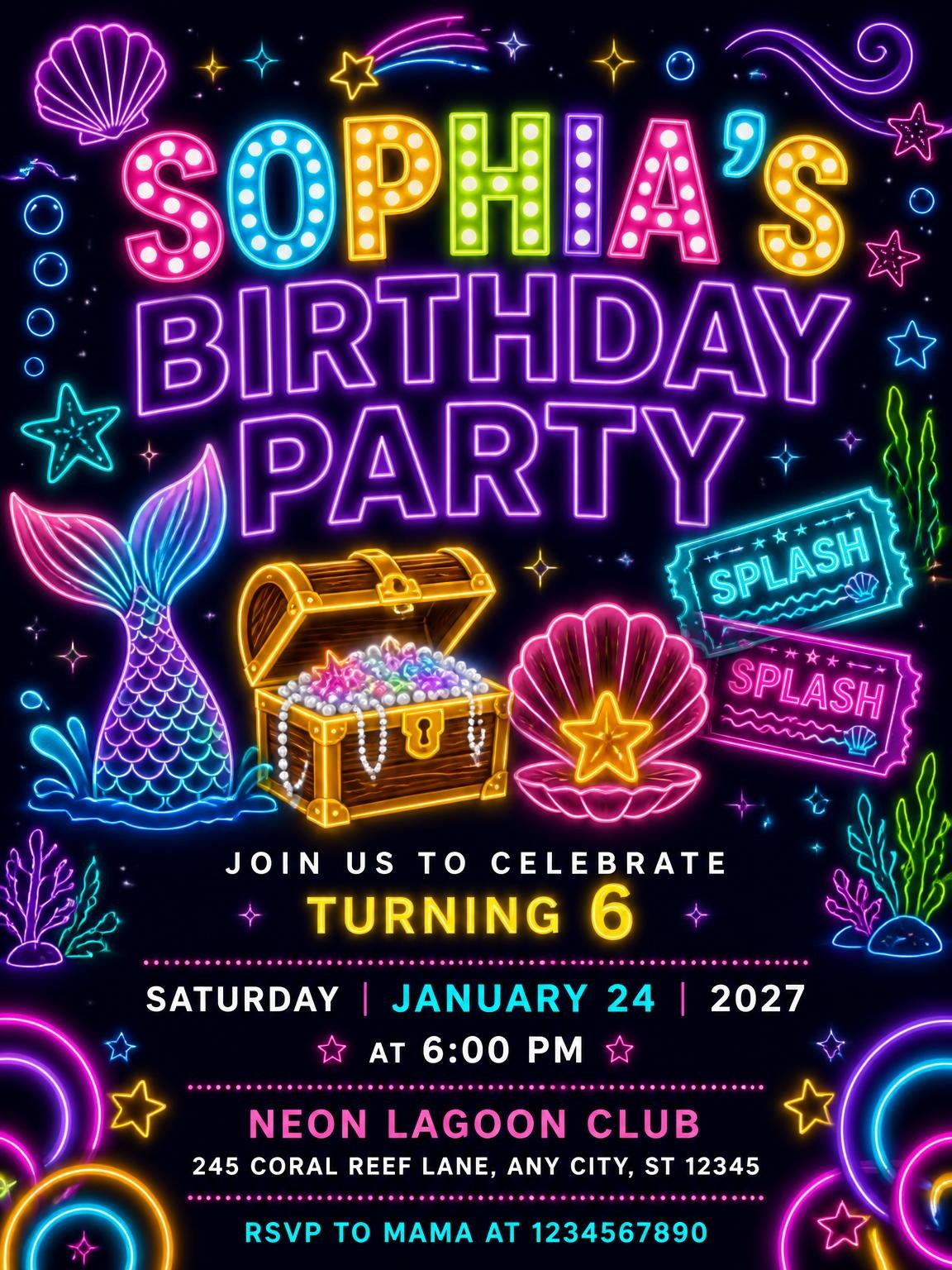 Neon Mermaid 6th Birthday Invitation