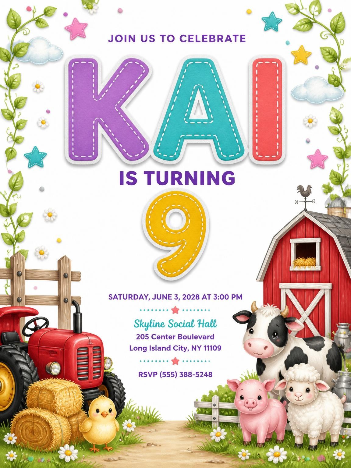 Stitched Farm 9th Birthday Invitation