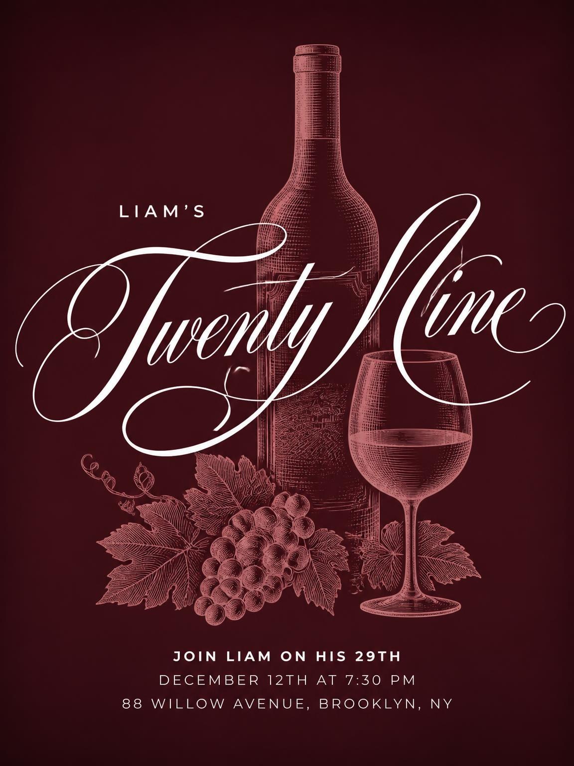Burgundy Cocktail 29th Birthday Invitation