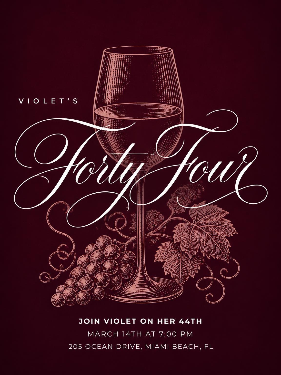 Burgundy Cocktail 44th Birthday Invitation