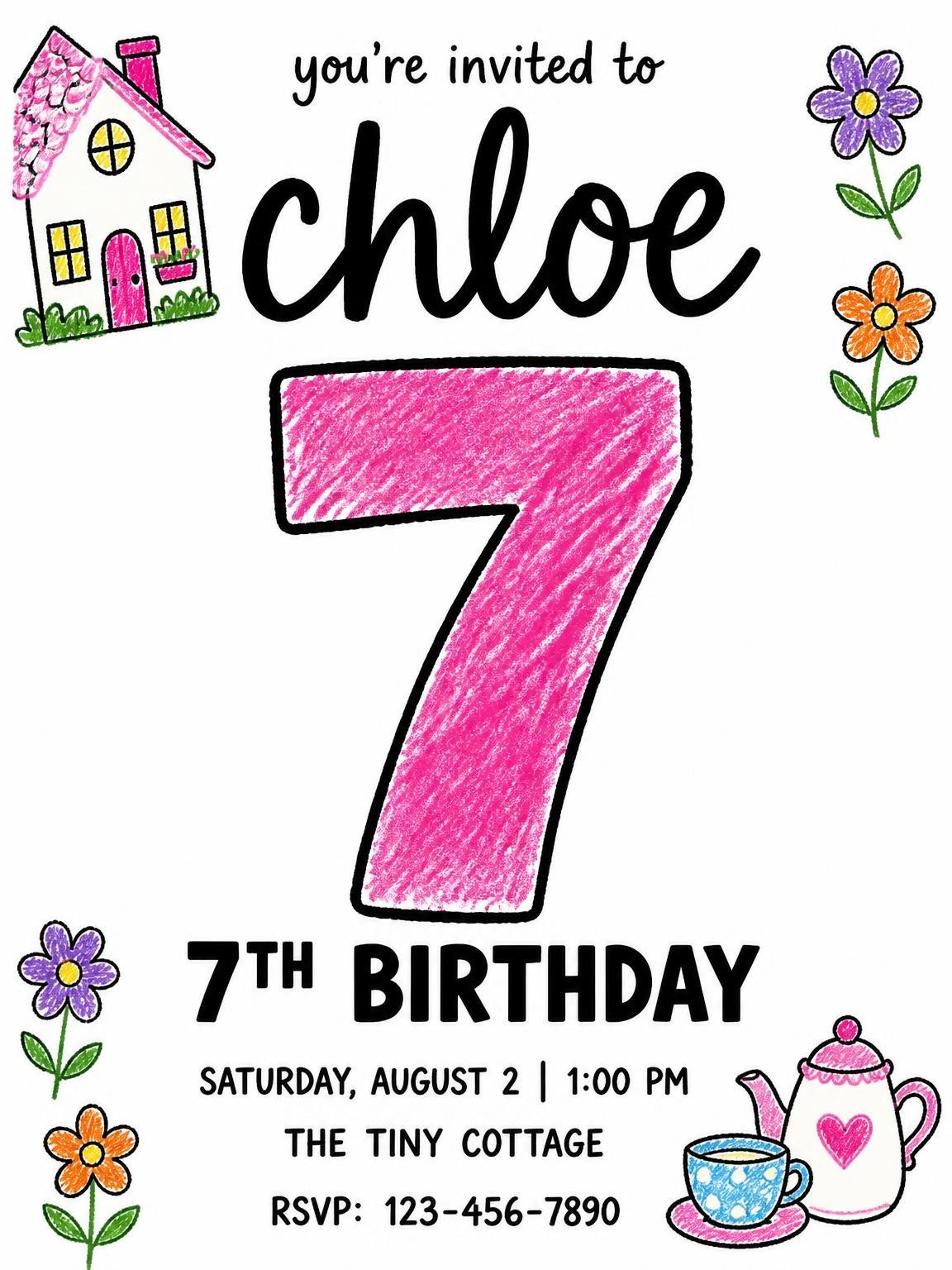 Crayon Drawing Cottage Tea Party 7th Birthday