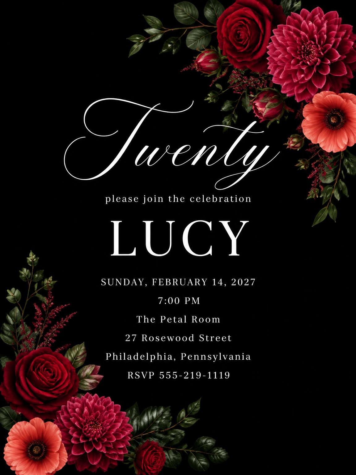 Black Floral 20th Birthday Invitation