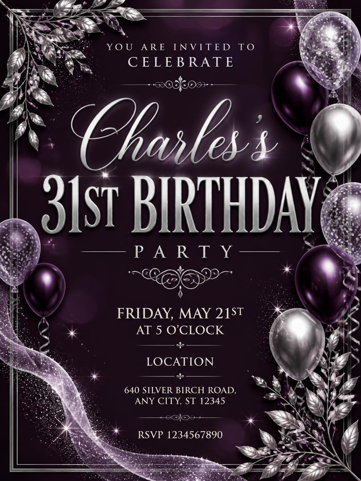 Plum and Silver 31st Birthday Invitation