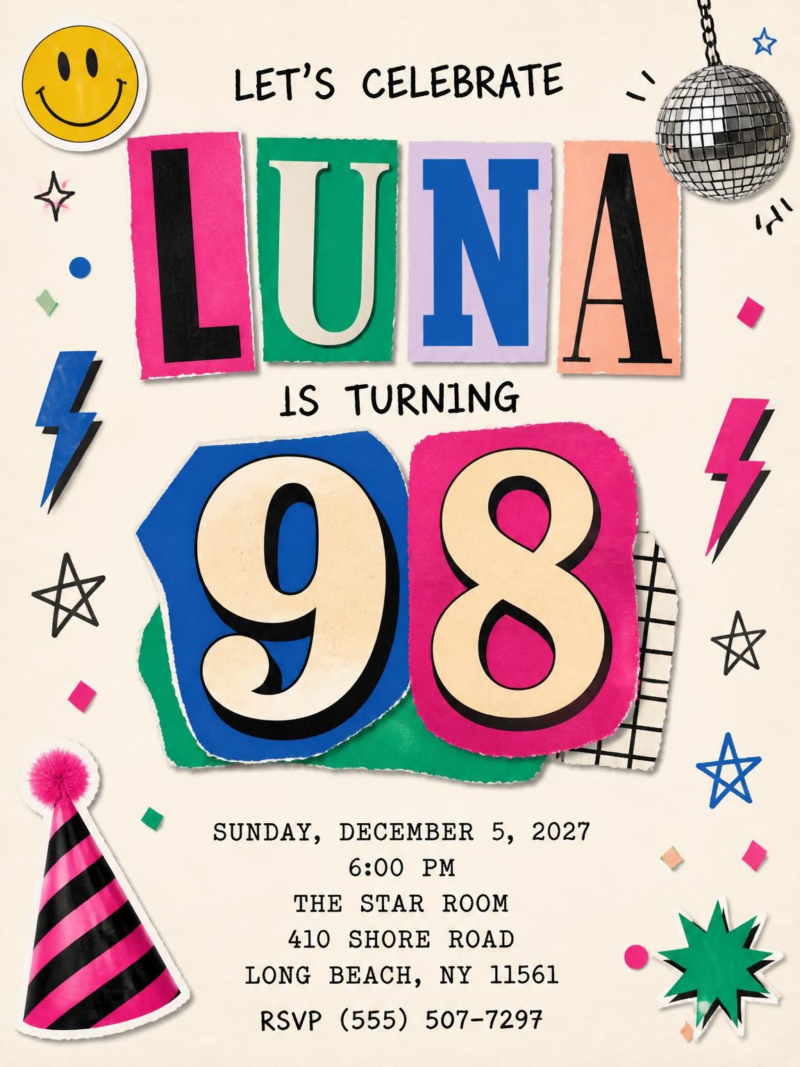 Retro Paper Collage 98th Birthday Invitation