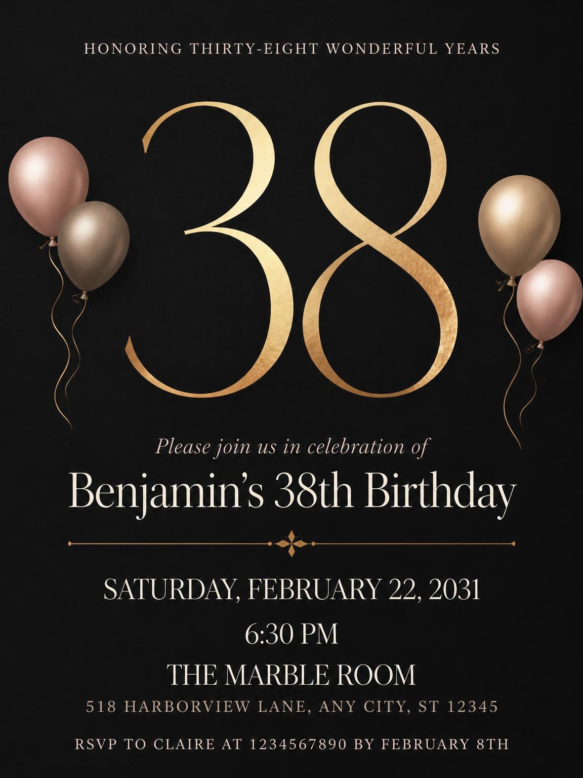 Charcoal and Blush 38th Birthday Invitation