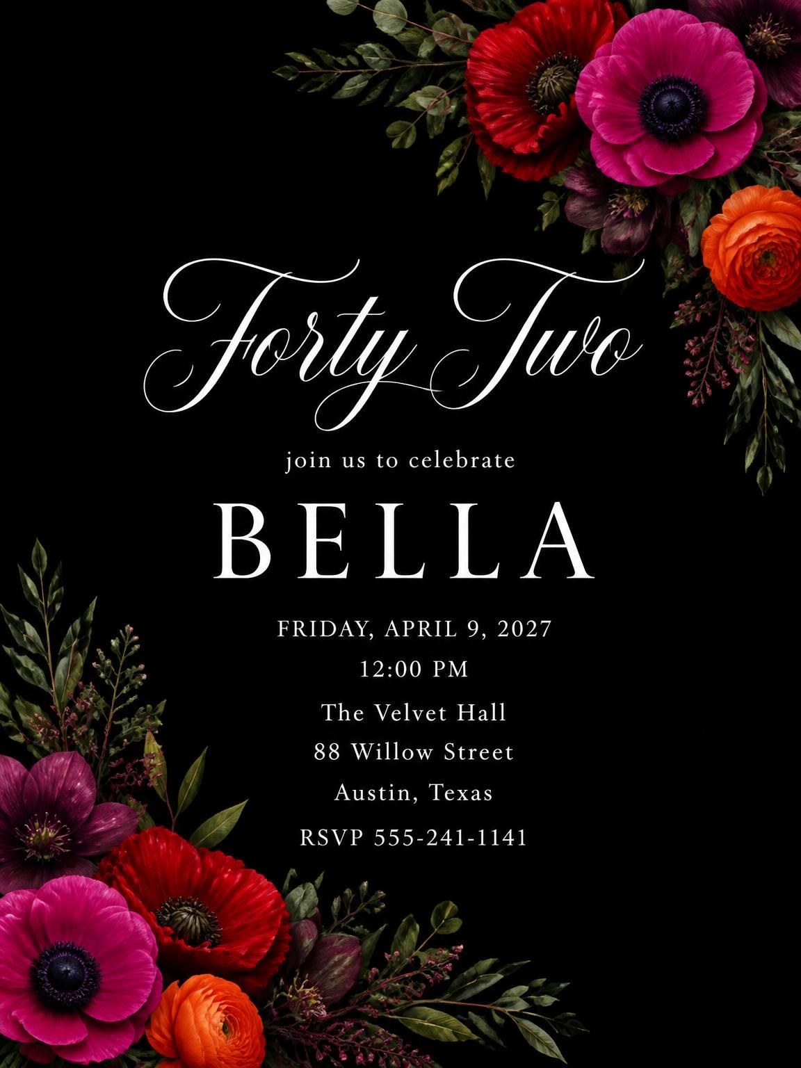 Black Floral 42nd Birthday Invitation