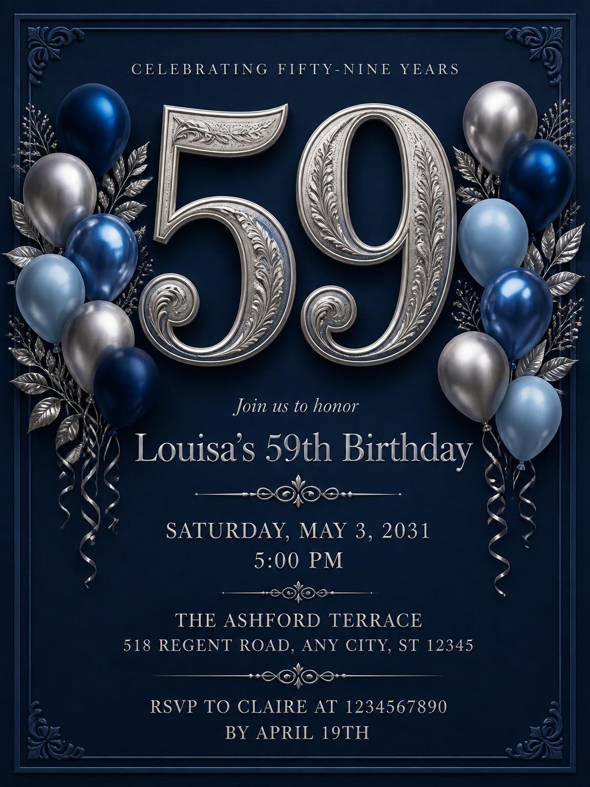 Navy and Silver 59th Birthday Invitation