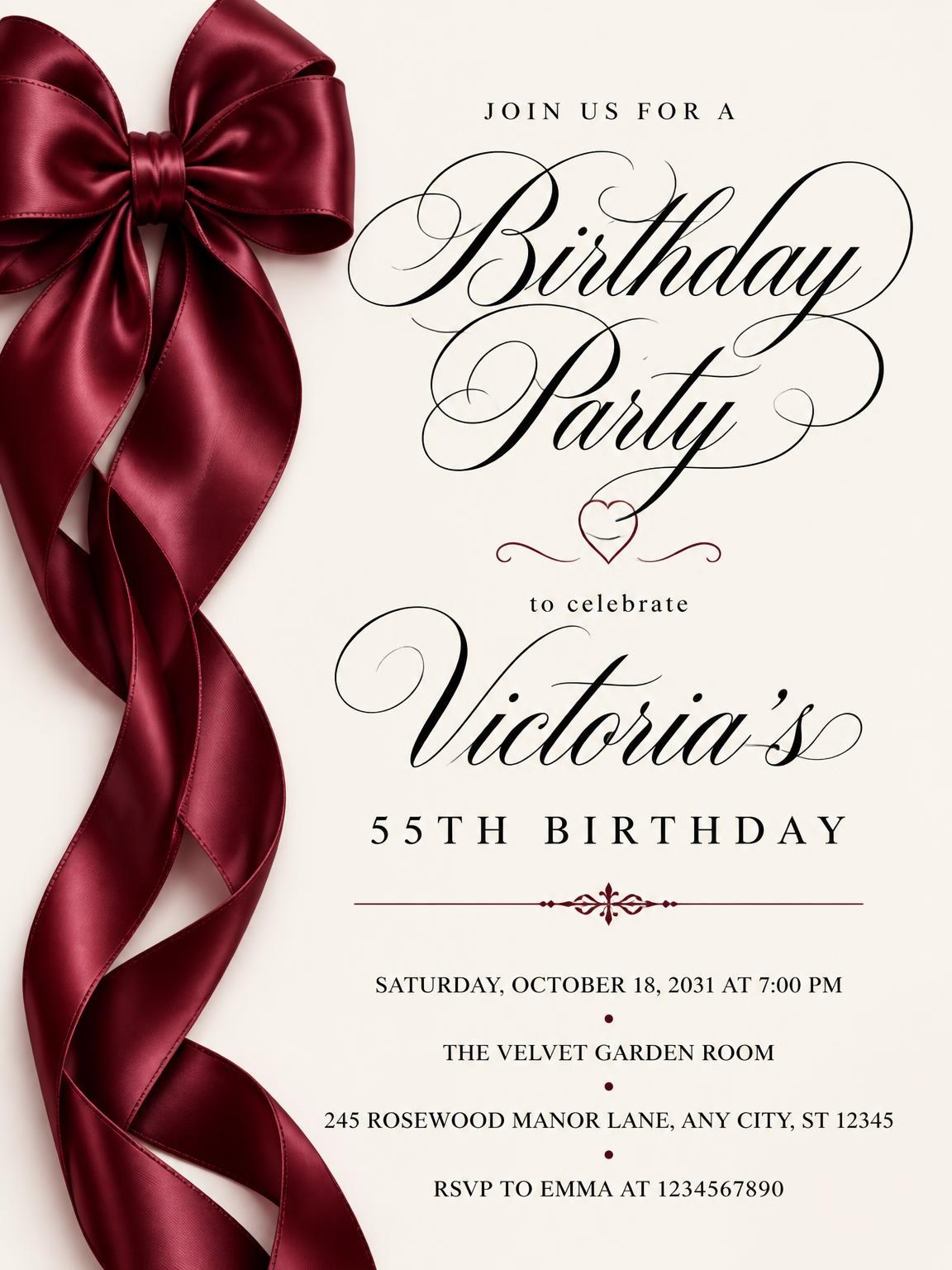 Burgundy Satin Bow 55th Birthday Invitation