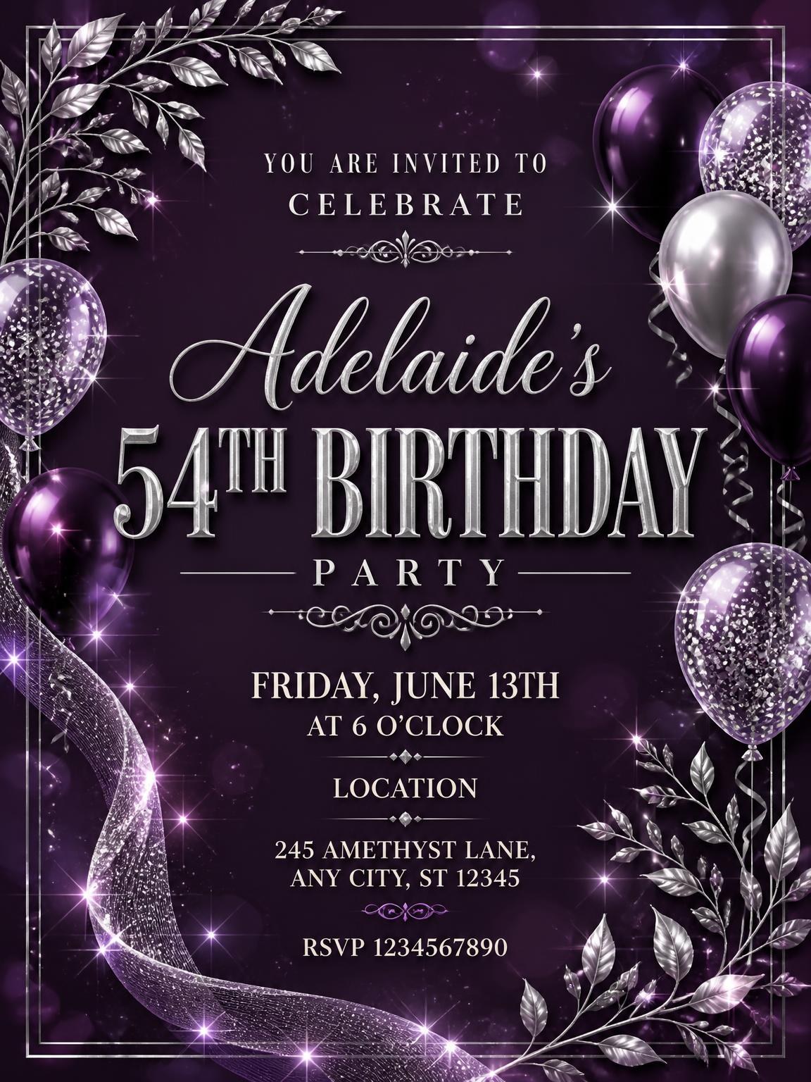 Plum and Silver 54th Birthday Invitation