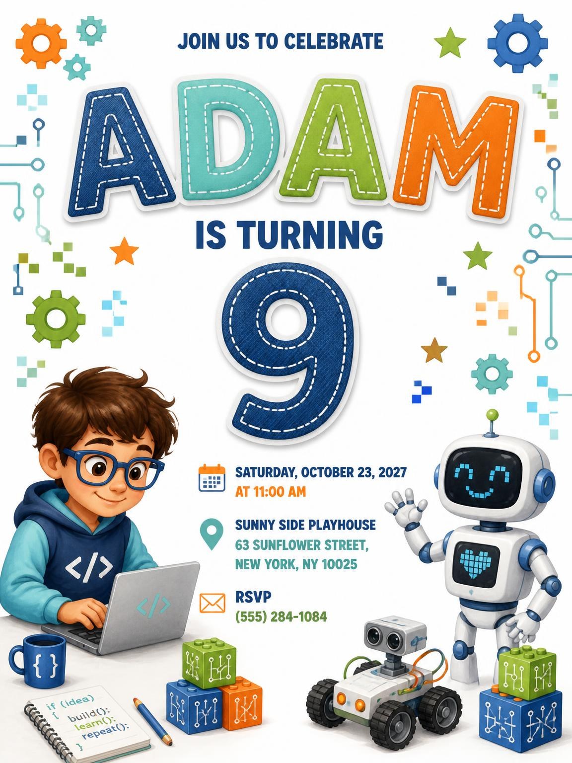 Humanoid Robot Stitched 9th Birthday Invitation