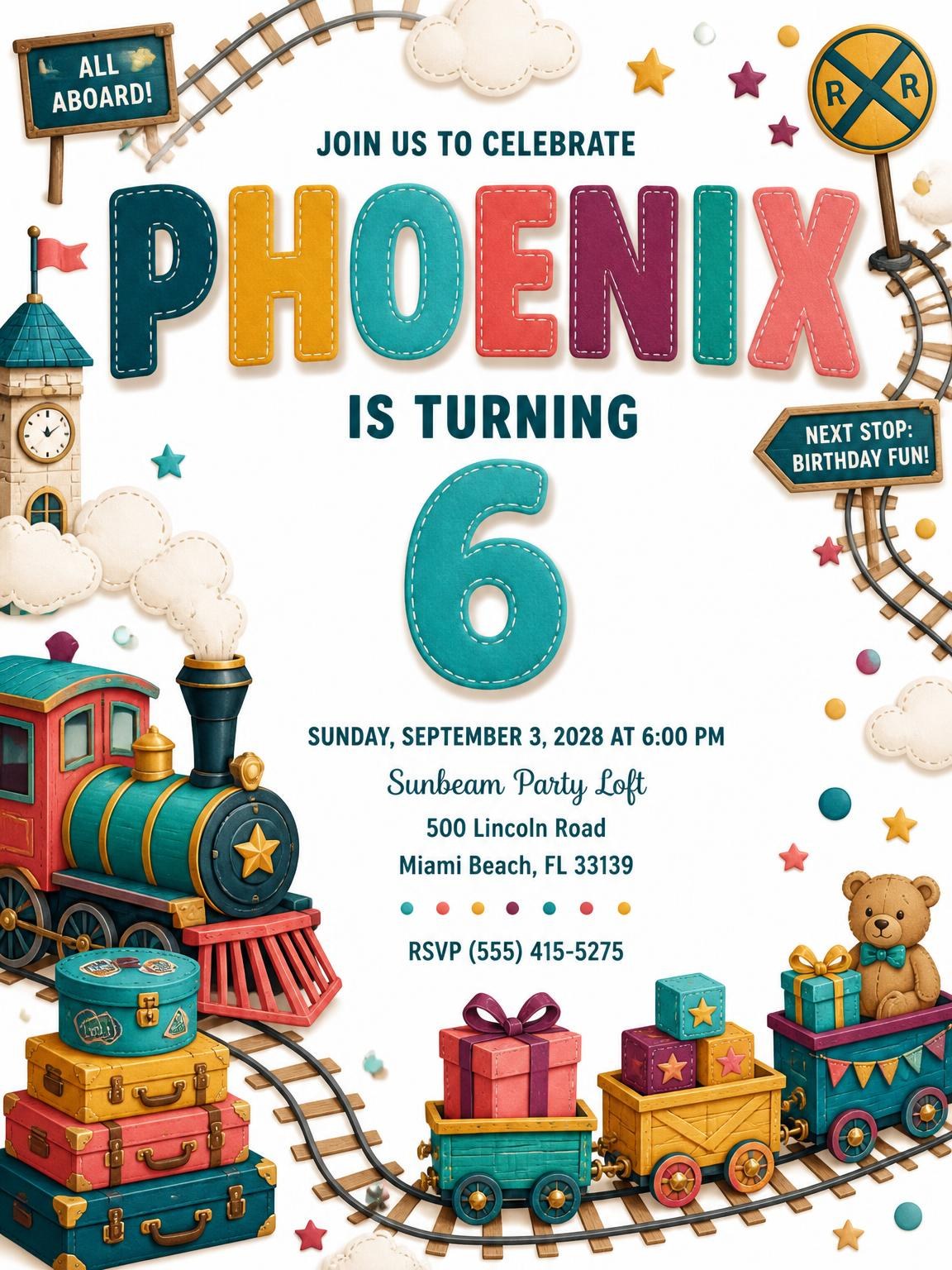 Stitched Train 6th Birthday Invitation