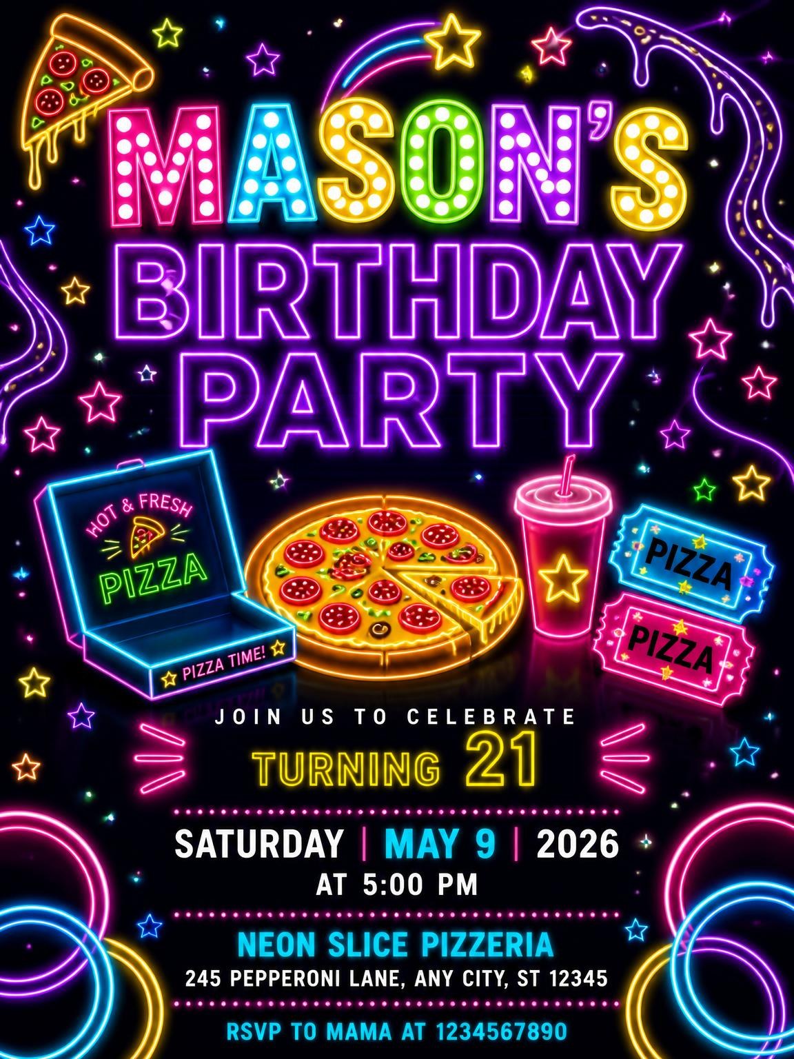 Neon Pizza 21st Birthday Invitation