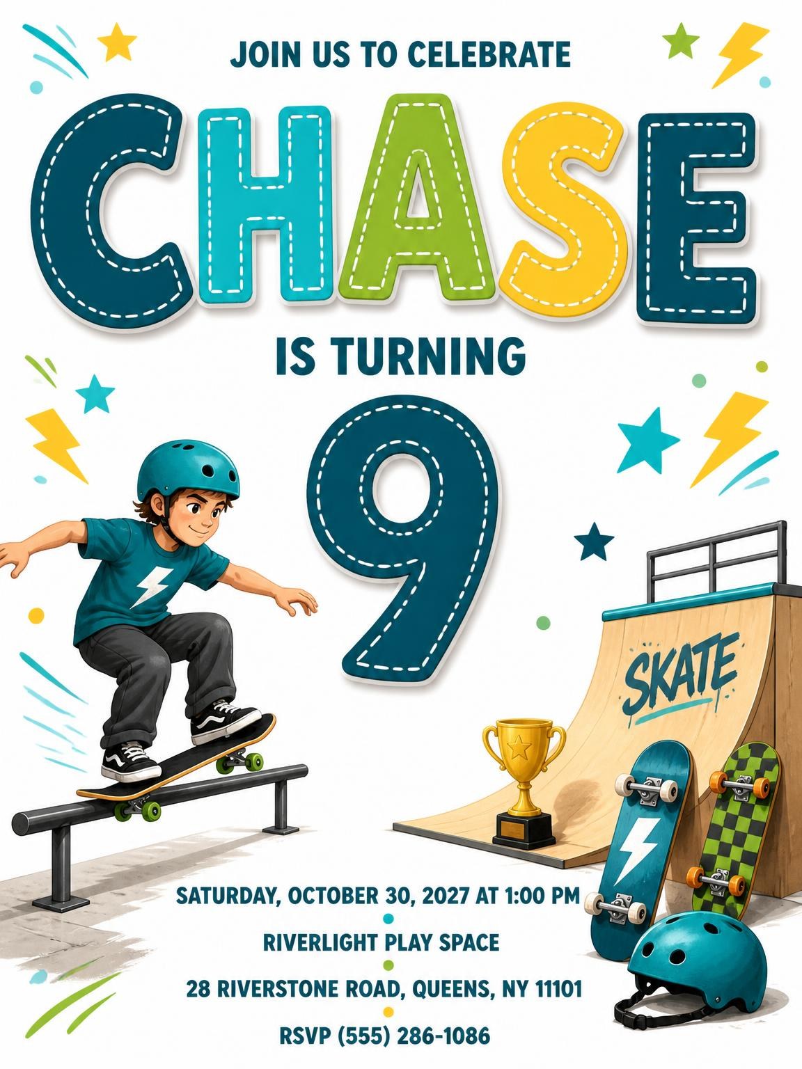 Skate Ramp Stitched 9th Birthday Invitation