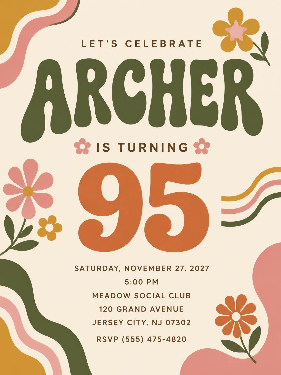 Groovy Retro 95th Birthday Invitation