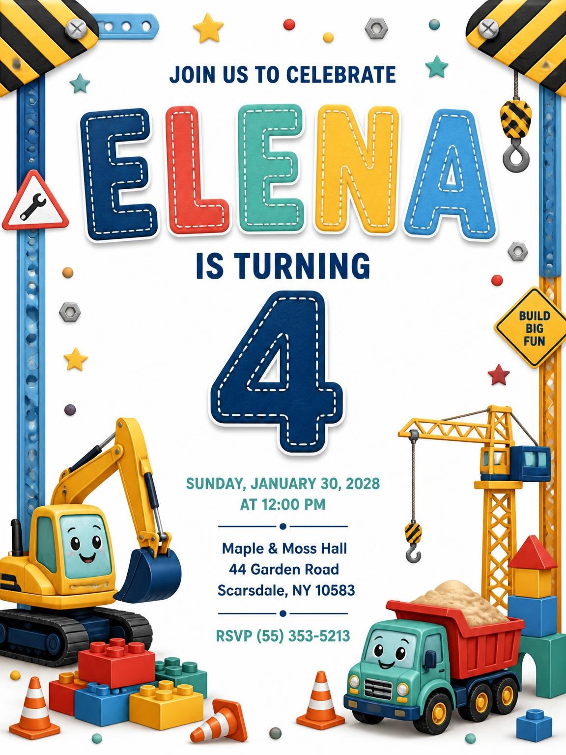 Stitched Construction 4th Birthday Invitation