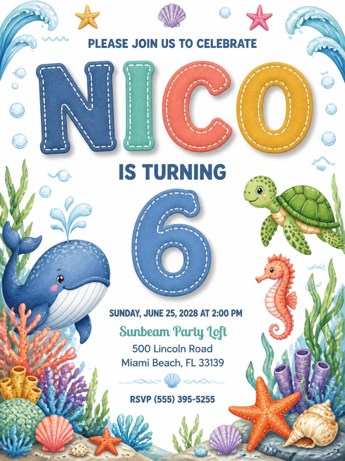 Stitched Under the Sea 6th Birthday Invitation