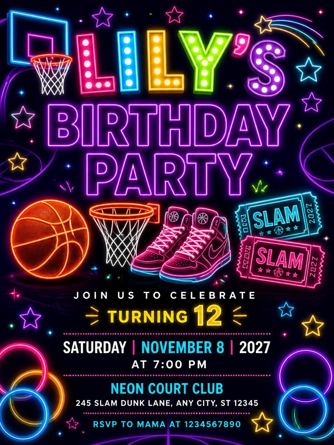 Neon Basketball 12th Birthday Invitation
