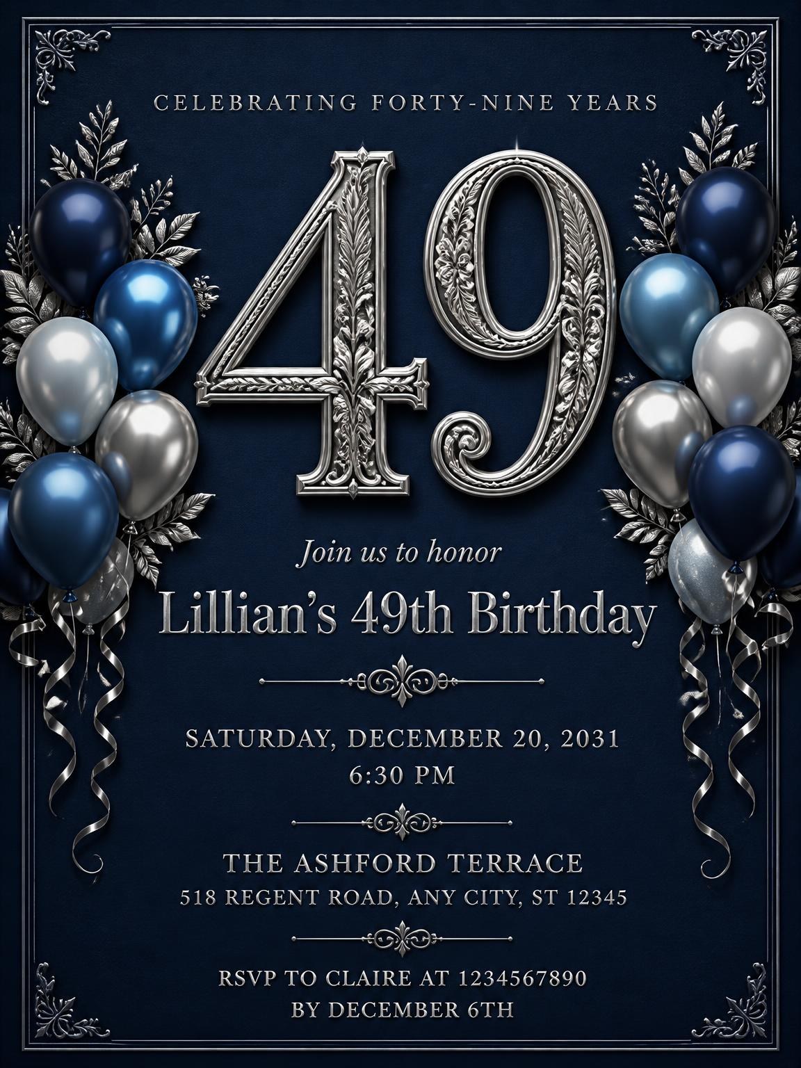 Navy and Silver 49th Birthday Invitation