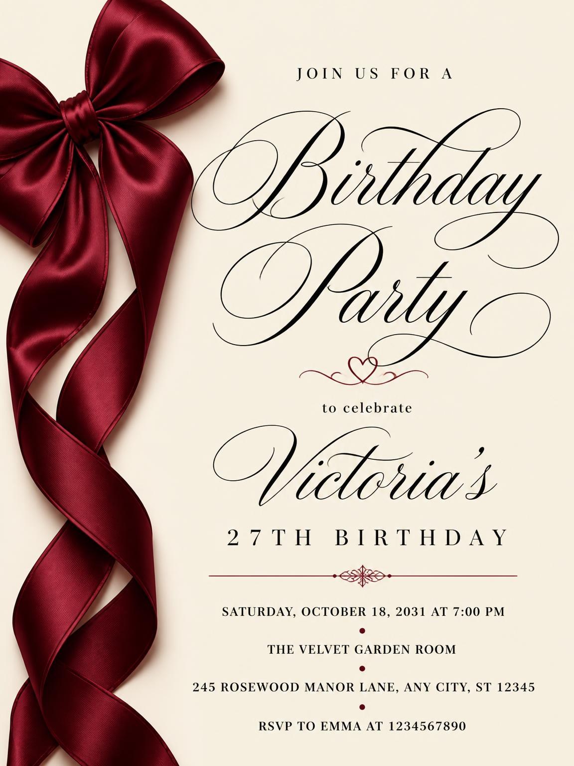 Burgundy Satin Bow 27th Birthday Invitation