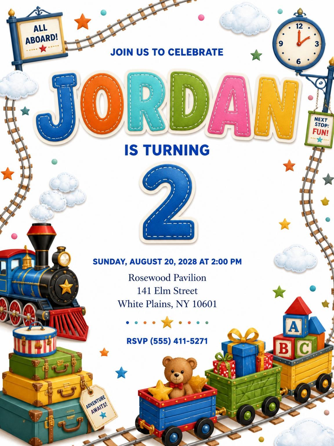 Stitched Train 2nd Birthday Invitation