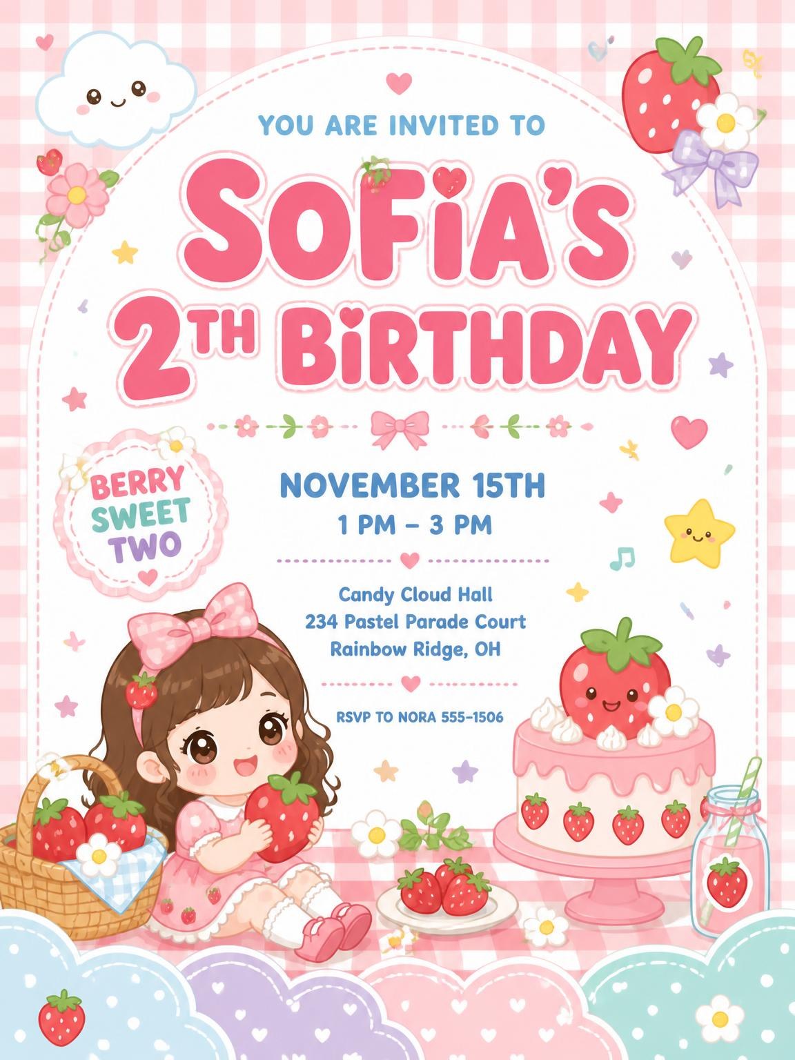 Strawberry Cake Kawaii 2nd Birthday Invitation