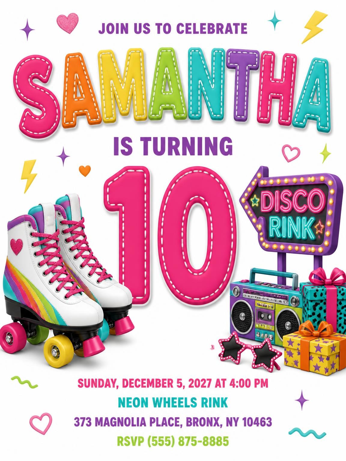 Marquee Sign Stitched 10th Birthday Invitation