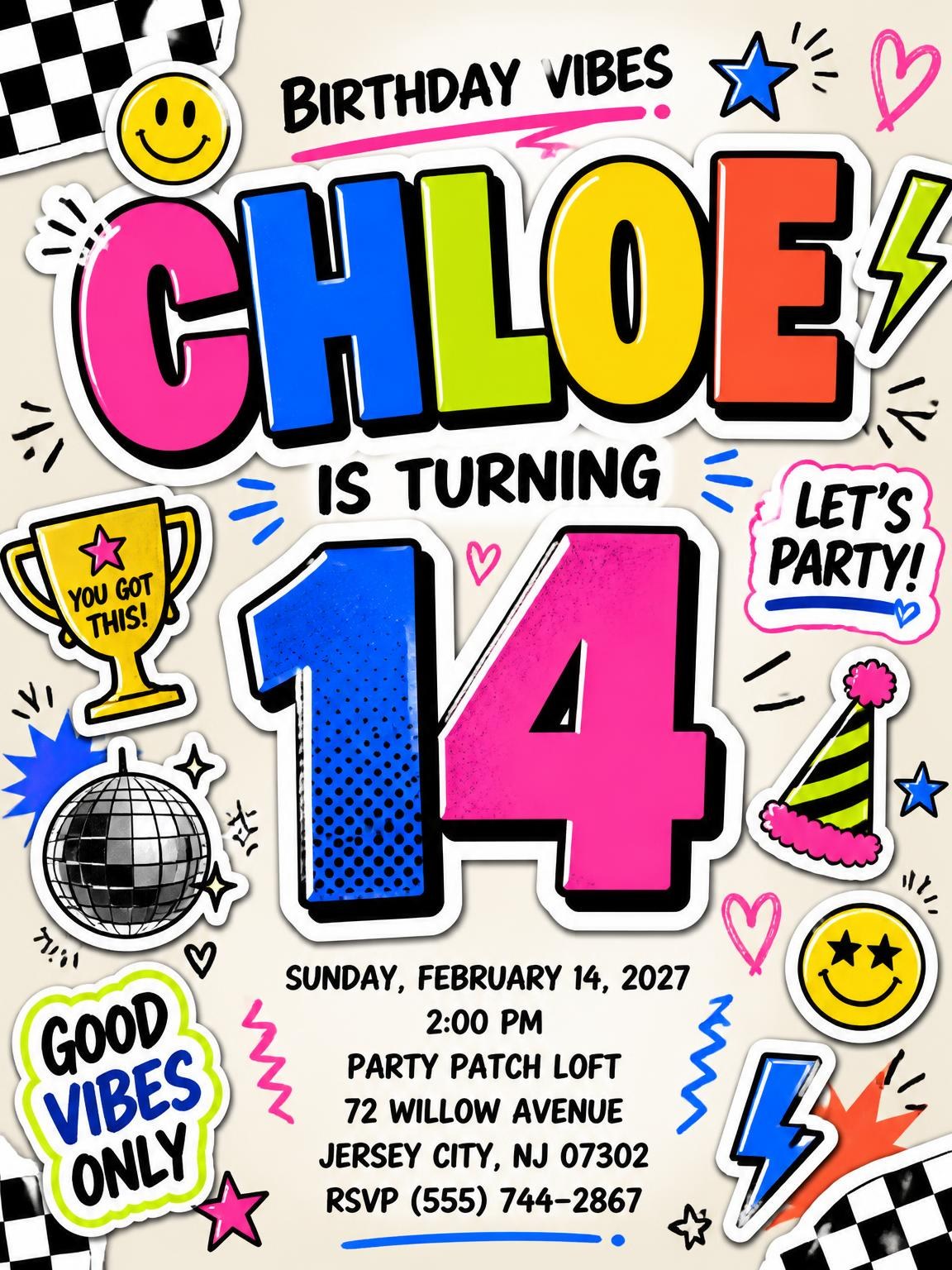 Sticker Pop 14th Birthday Invitation