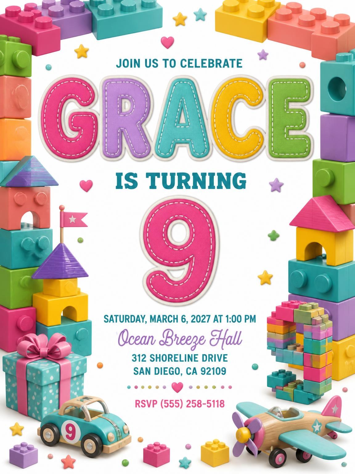 Stitched Toy Blocks 9th Birthday Invitation