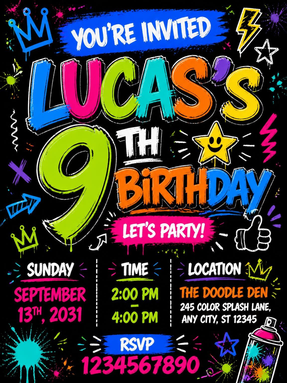 Graffiti Street Art 9th Birthday Invitation