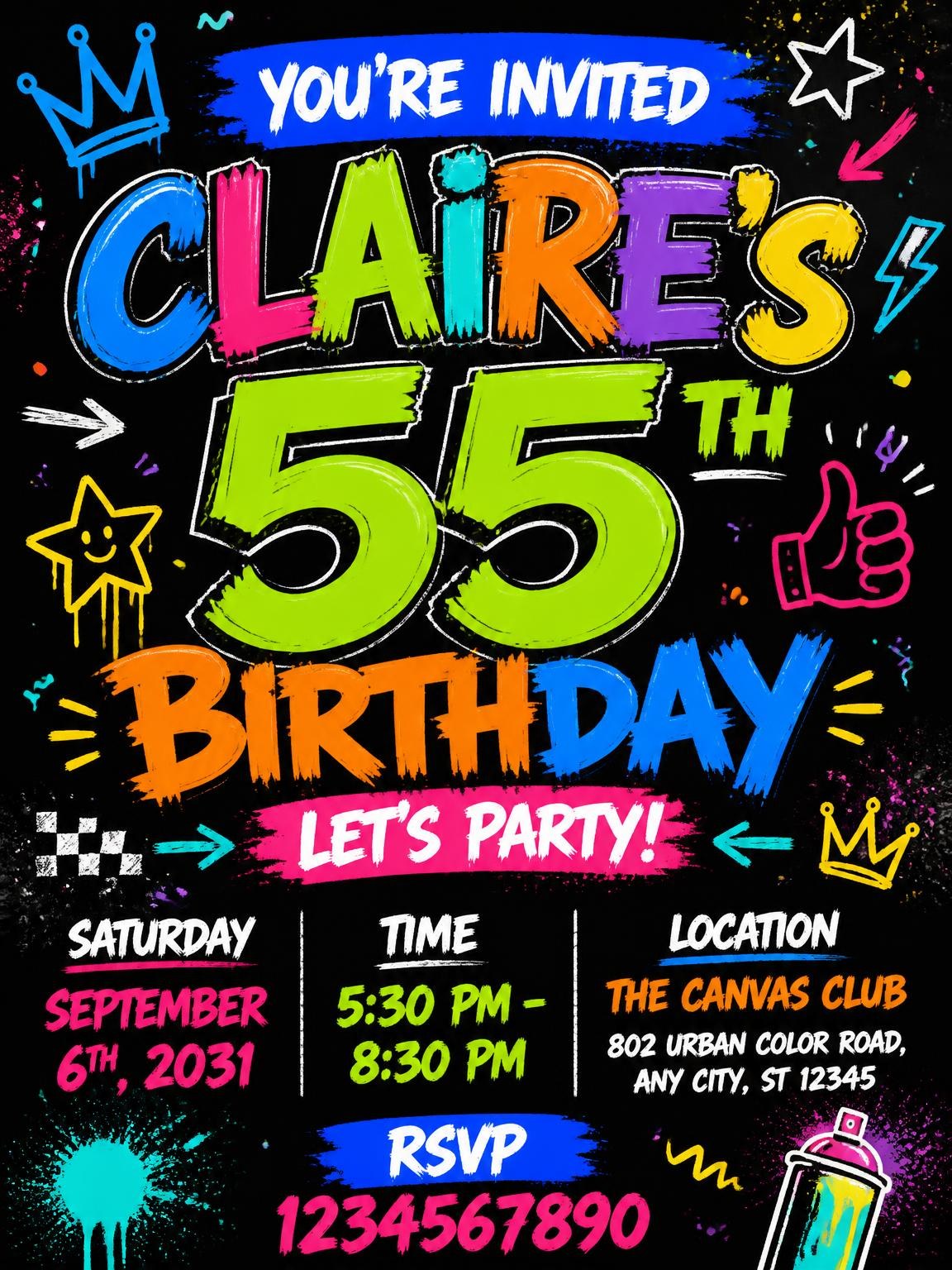 Graffiti Street Art 55th Birthday Invitation