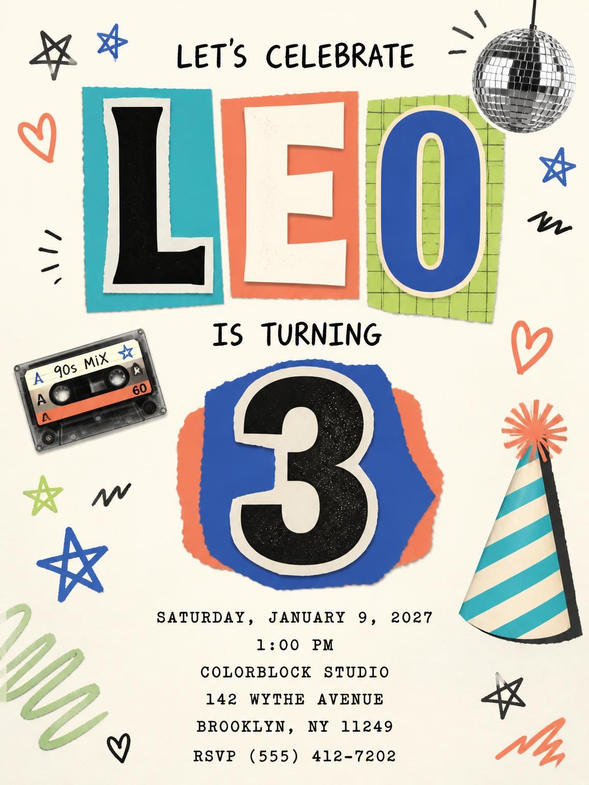 Retro Paper Collage 3rd Birthday Invitation