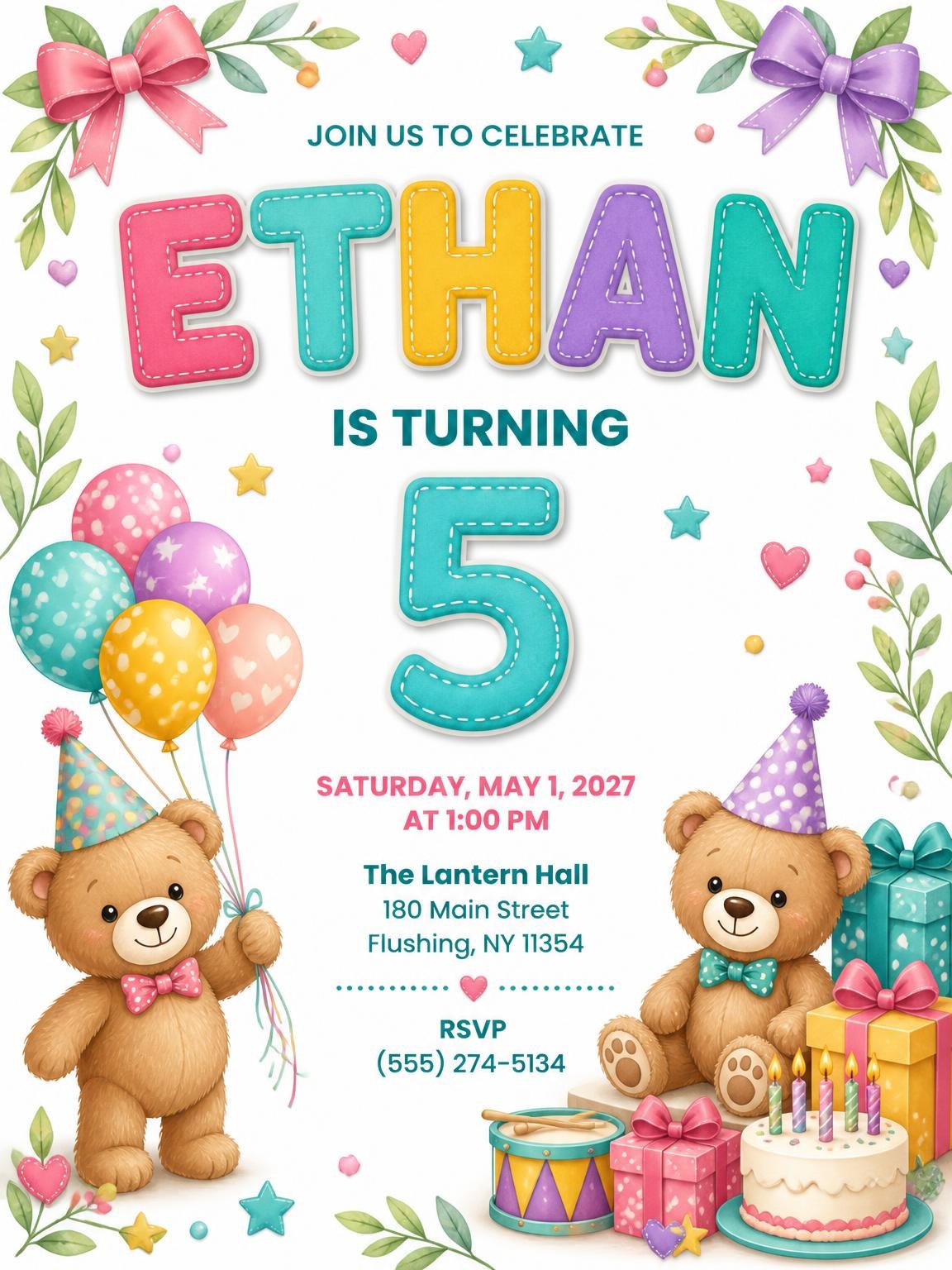 Stitched Teddy Bear 5th Birthday Invitation
