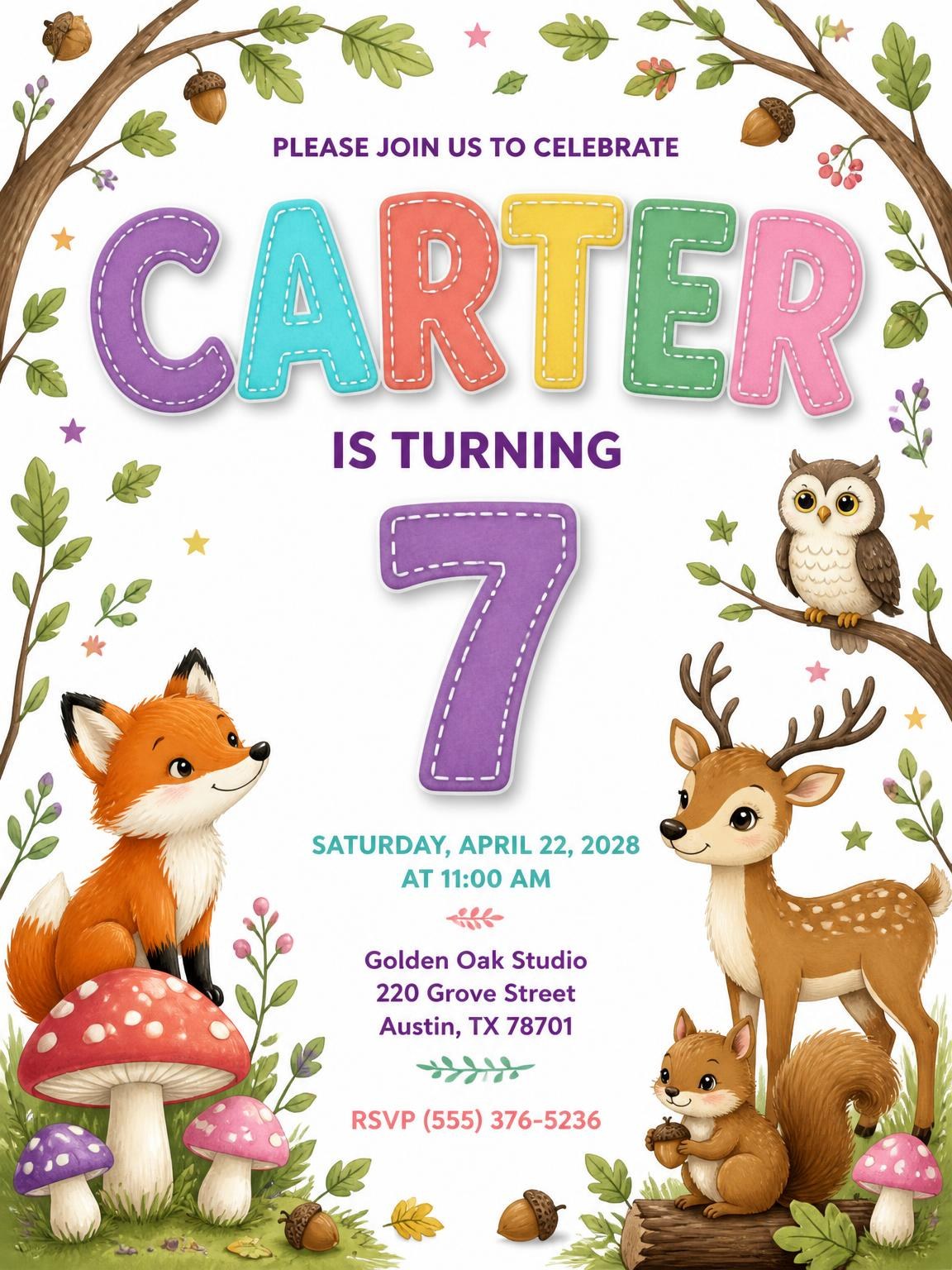 Stitched Woodland 7th Birthday Invitation