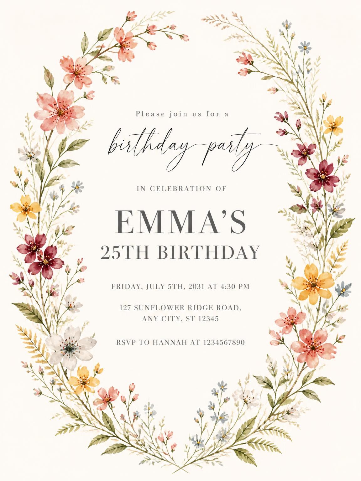 Oval Wreath Golden 25th Birthday Invitation