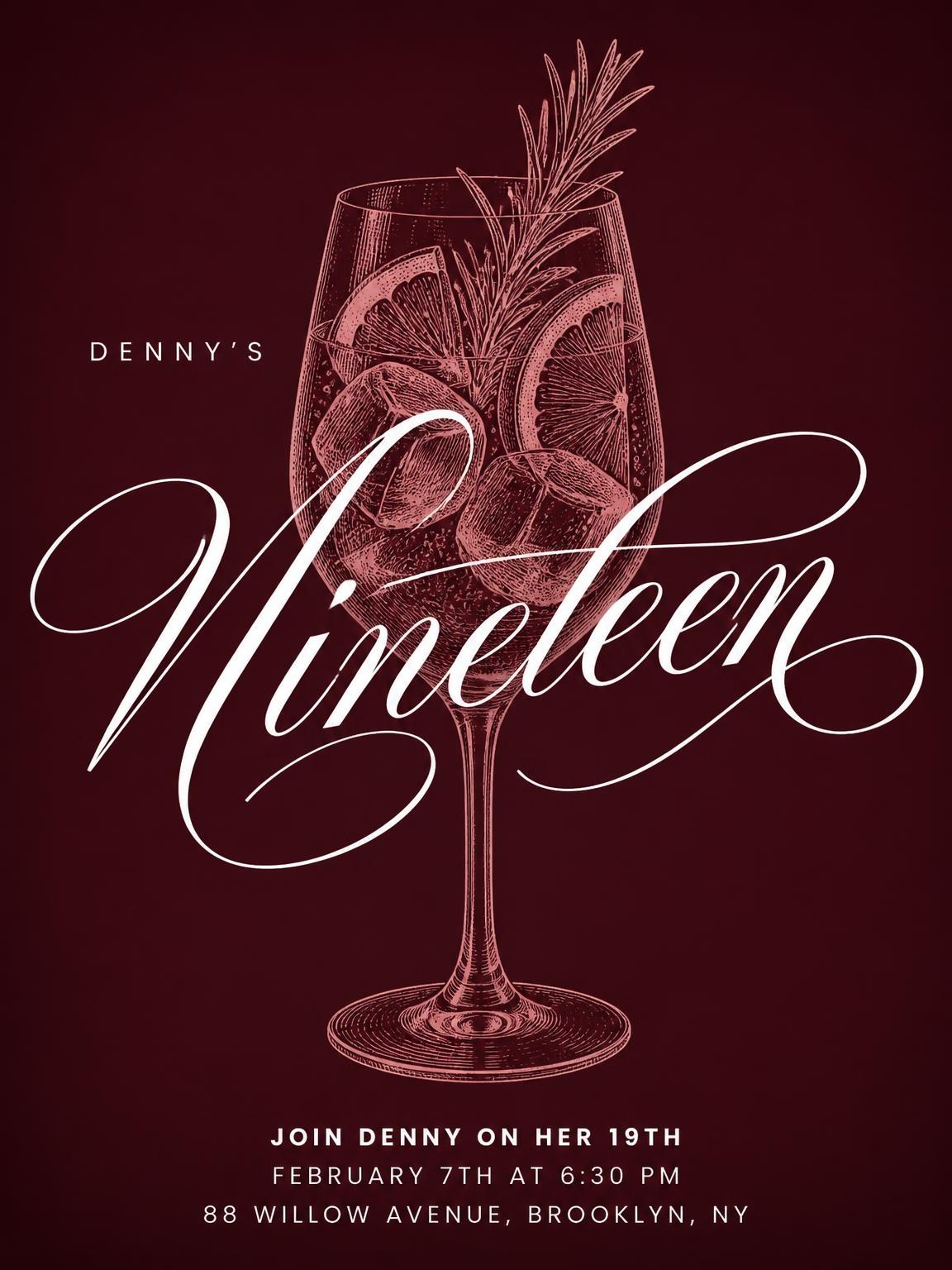 Burgundy Cocktail 19th Birthday Invitation