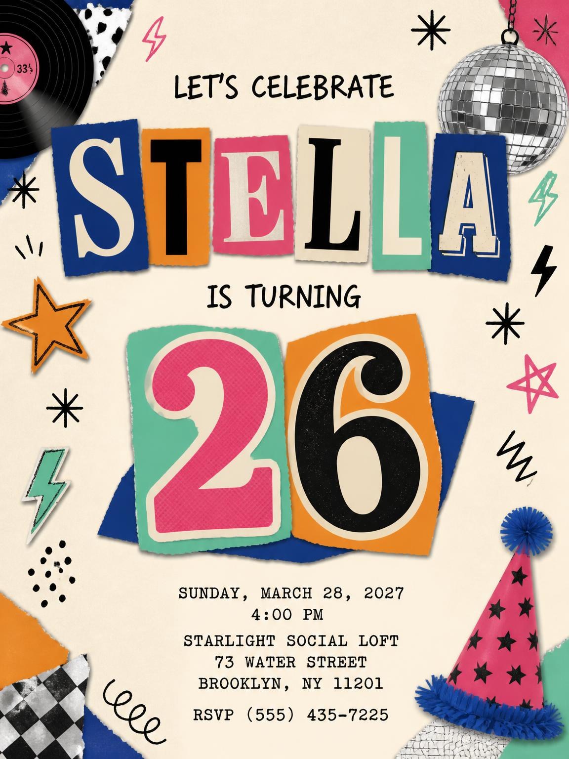 Retro Paper Collage 26th Birthday Invitation
