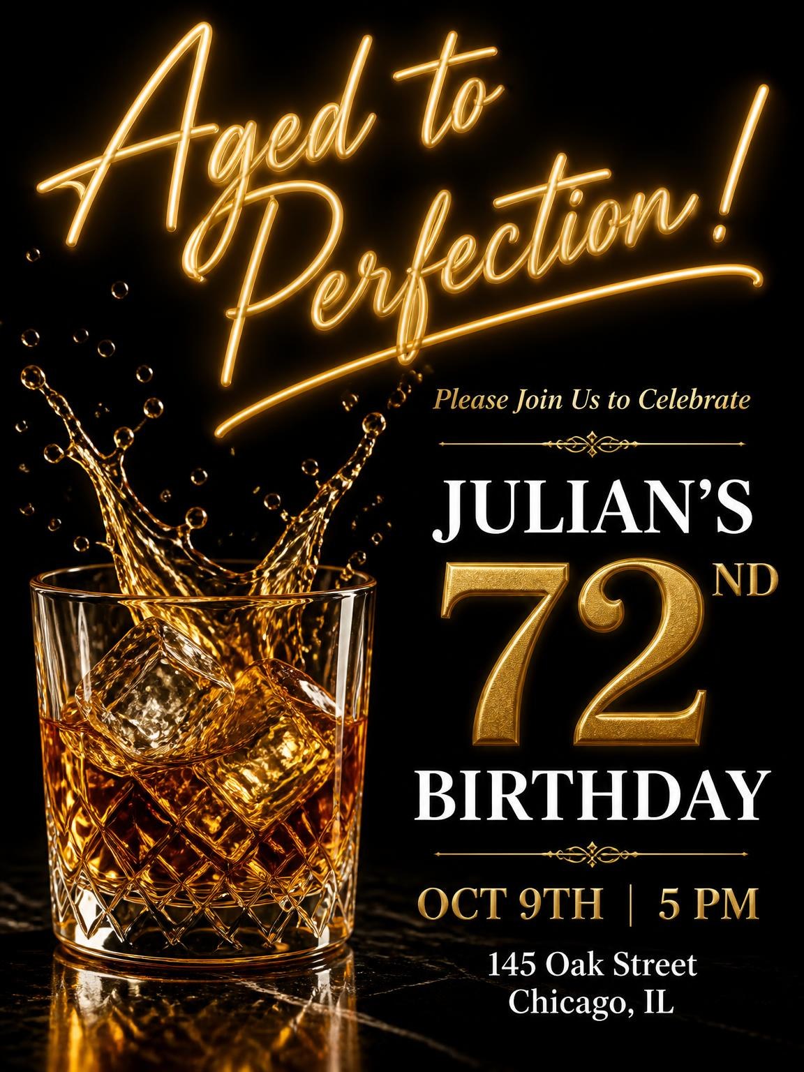 Whiskey Glass 72nd Birthday Invitation