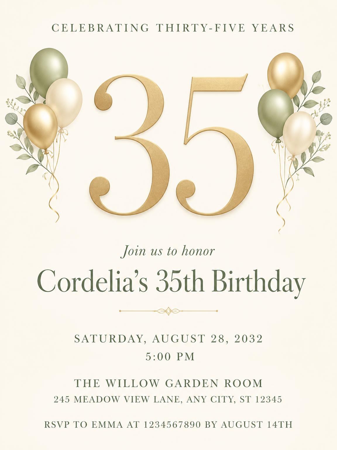 Sage and Ivory 35th Birthday Invitation