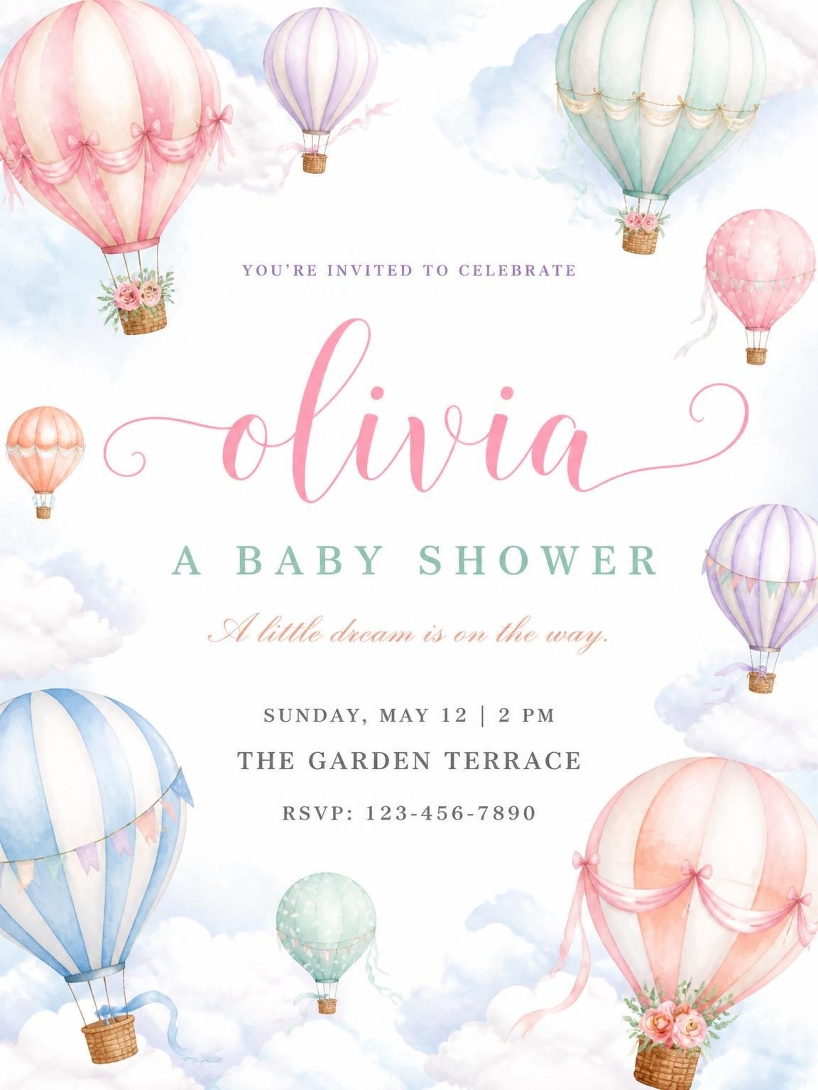 Pastel Watercolor Hot Air Balloon Baby Shower