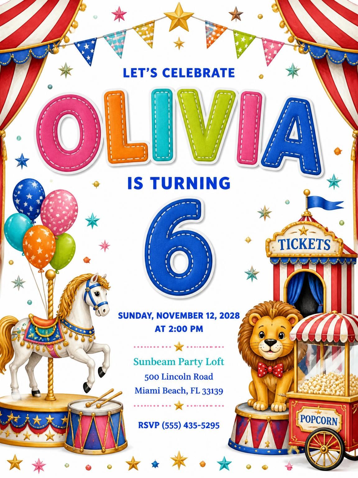 Stitched Circus 6th Birthday Invitation