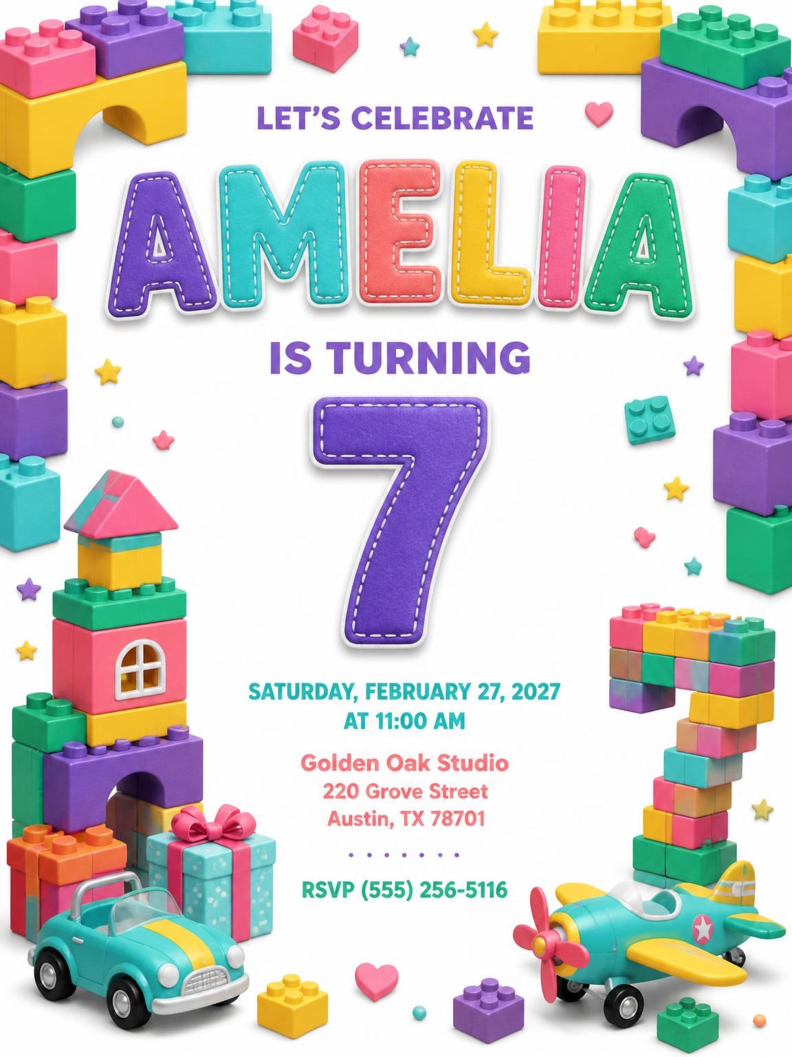 Stitched Toy Blocks 7th Birthday Invitation