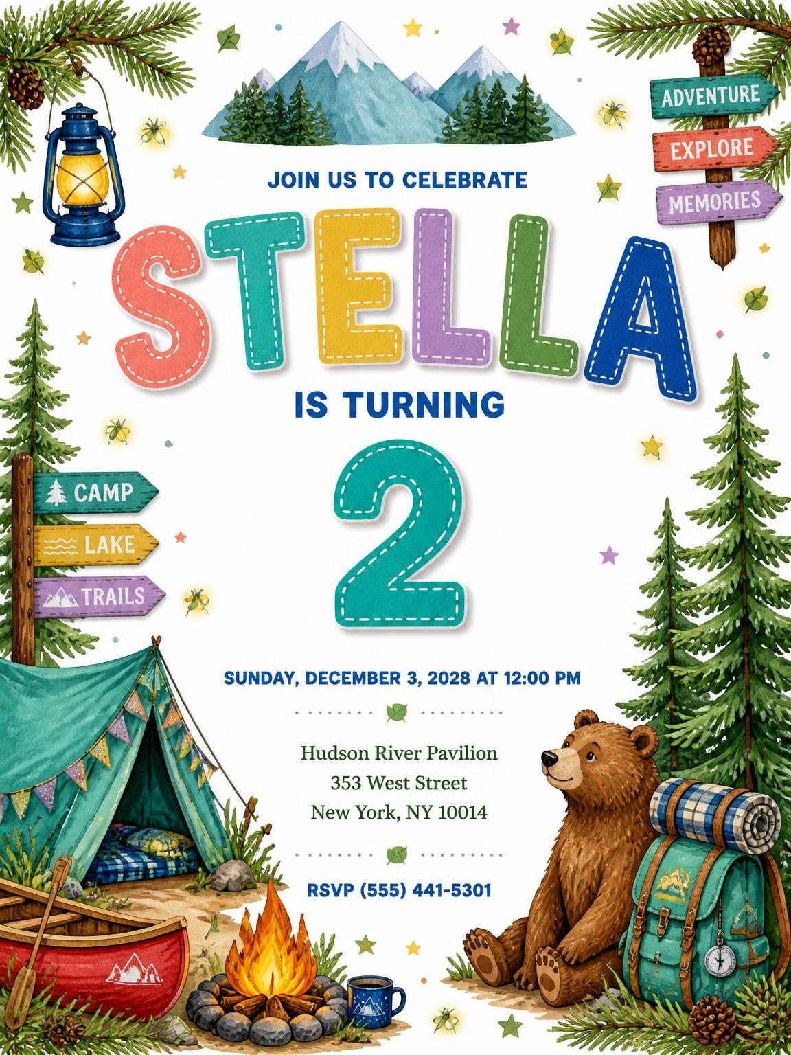Stitched Camping 2nd Birthday Invitation