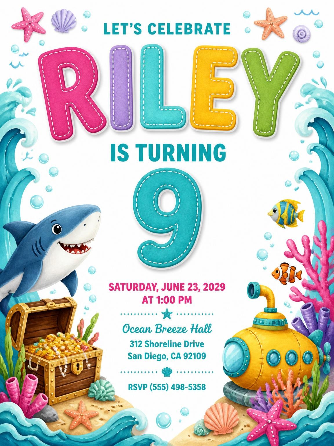 Stitched Shark 9th Birthday Invitation