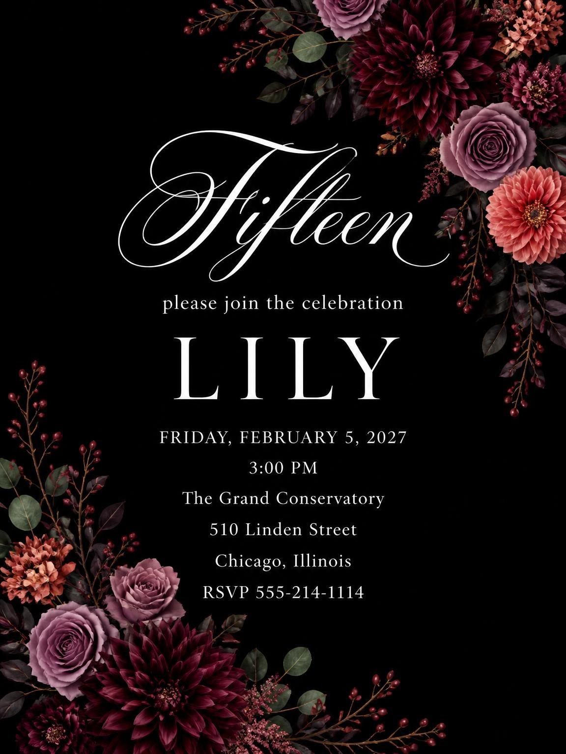 Black Floral 15th Birthday Invitation
